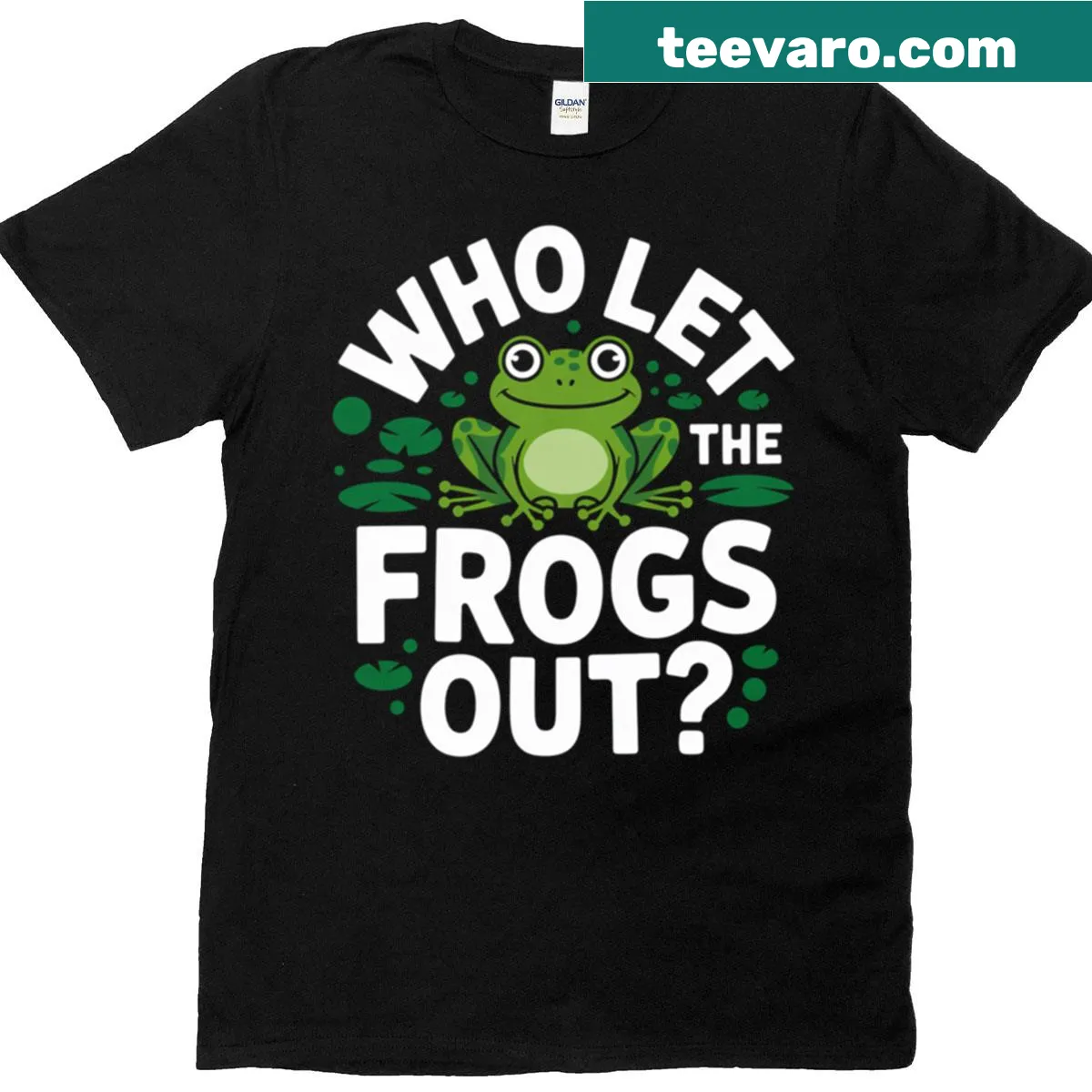 Cartoon frog design with the phrase Who Let The Frogs Out — on a men's t-shirt