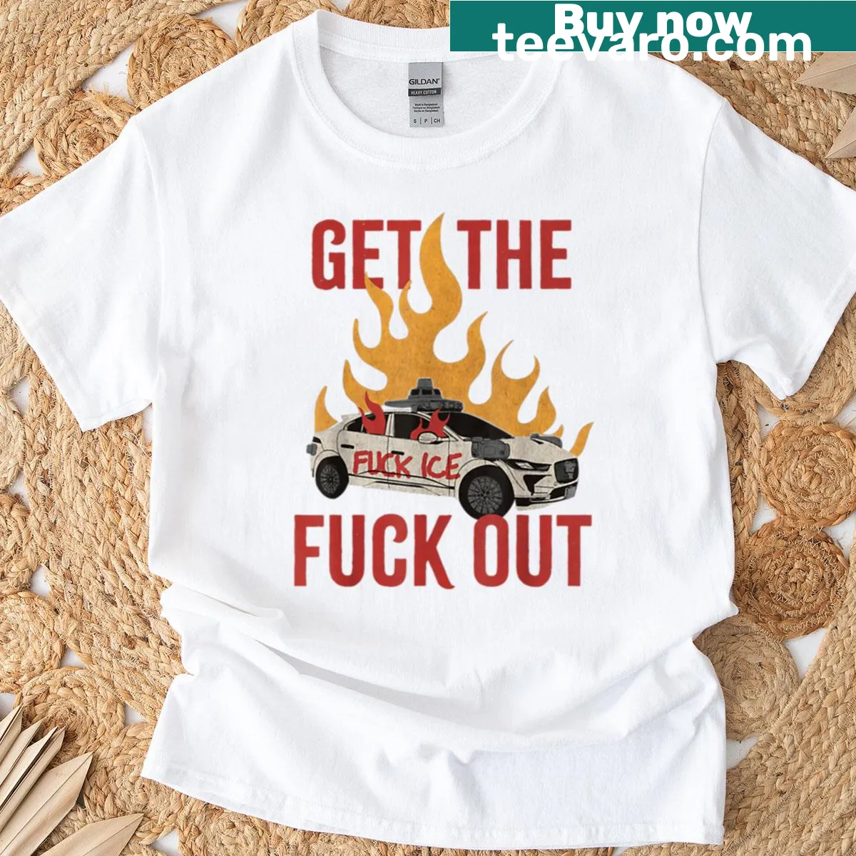 Distressed T-shirt with bold text graphic that says 'Get The Fuck Out' — on a men's t-shirt