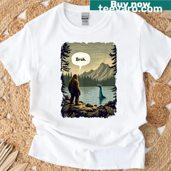 T-shirt with cartoon Bigfoot and Loch Ness Monster in a humorous design
