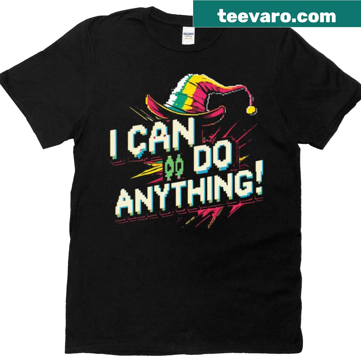 Pixel design featuring Jevil quote from Deltarune — on a men's t-shirt