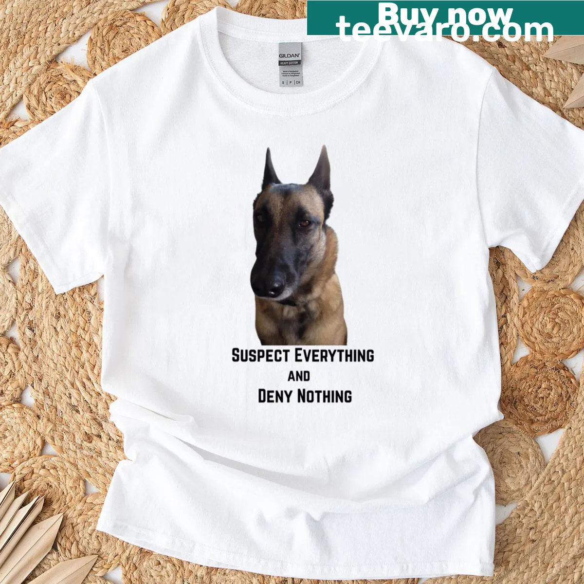 Oversized T-shirt with a funny illustration of a Malinois dog face — on a men's t-shirt