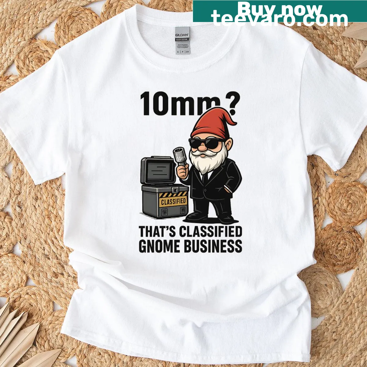 T-shirt featuring a funny cartoon mechanic gnome design — on a men's t-shirt