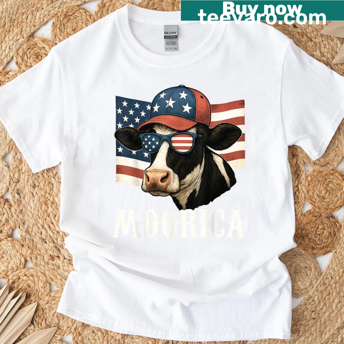 Patriotic cow T-shirt featuring USA flag design — on a men's t-shirt