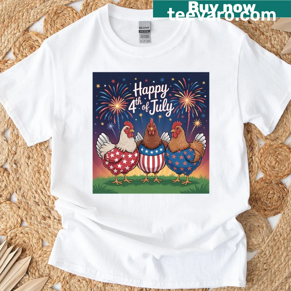 Patriotic chicken graphic on a humorous July 4th t-shirt — on a men's t-shirt