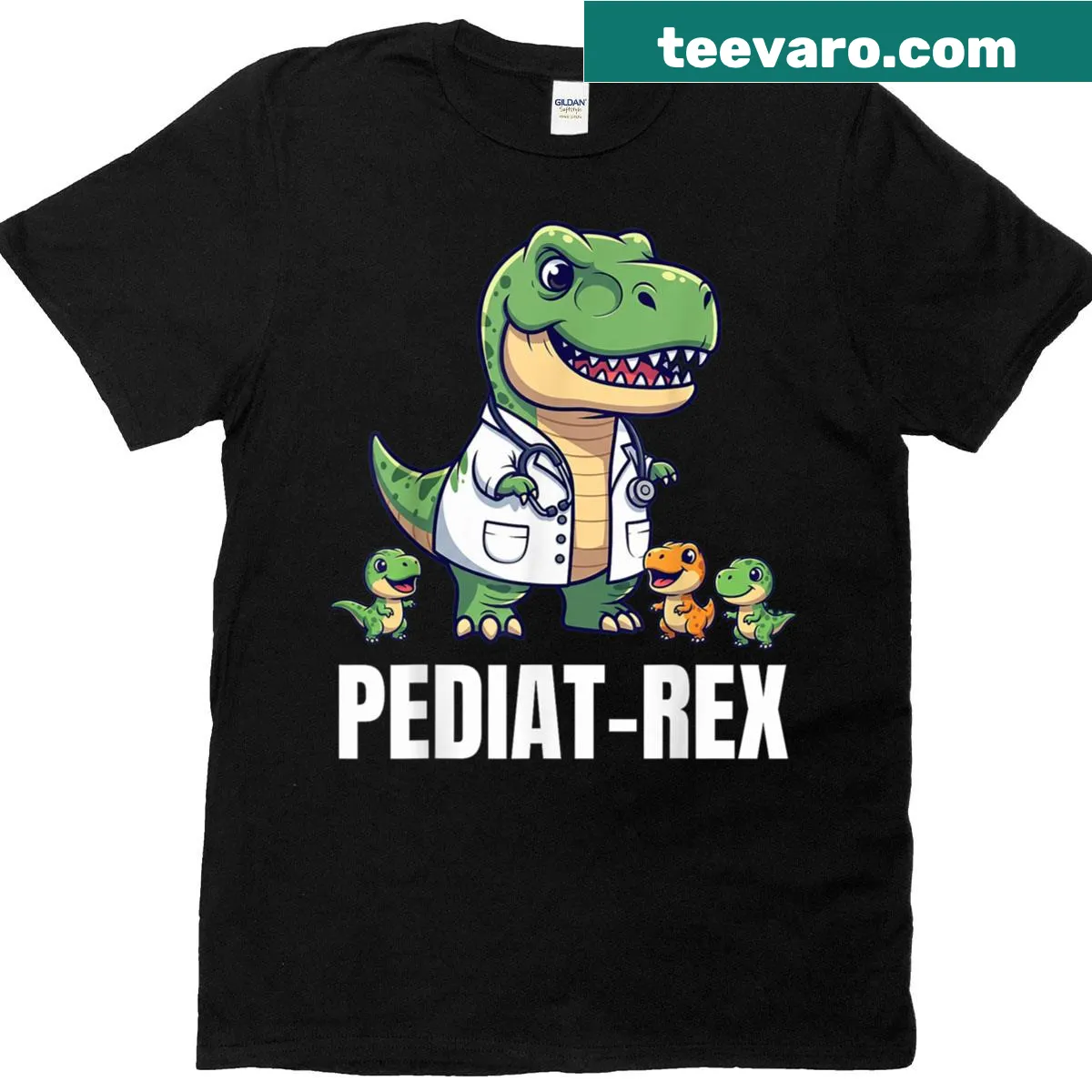 T-shirt featuring a cartoon T-rex in a lab coat with pediatrician text. — on a men's t-shirt