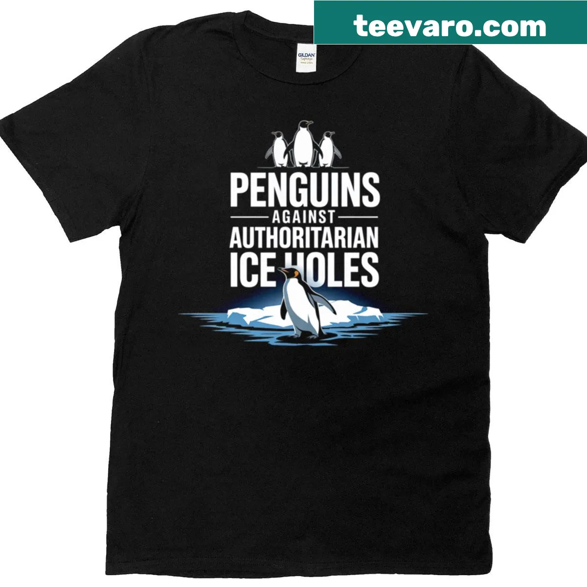 Cartoon penguins in a political satire design T-shirt. — on a men's t-shirt