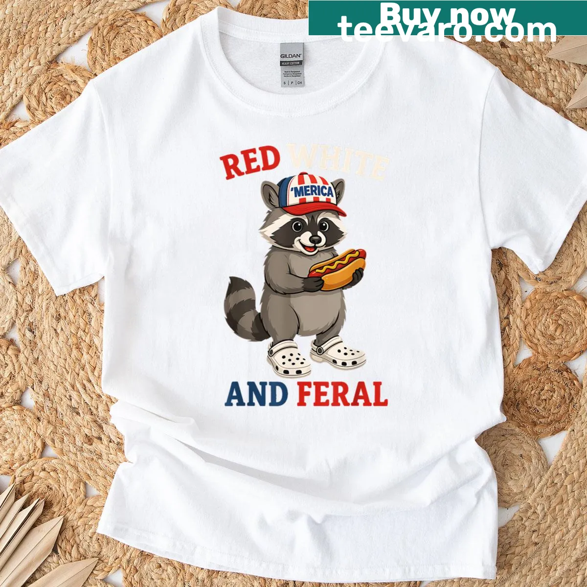 Cute raccoon graphic in patriotic colors for July 4th t-shirt — on a men's t-shirt