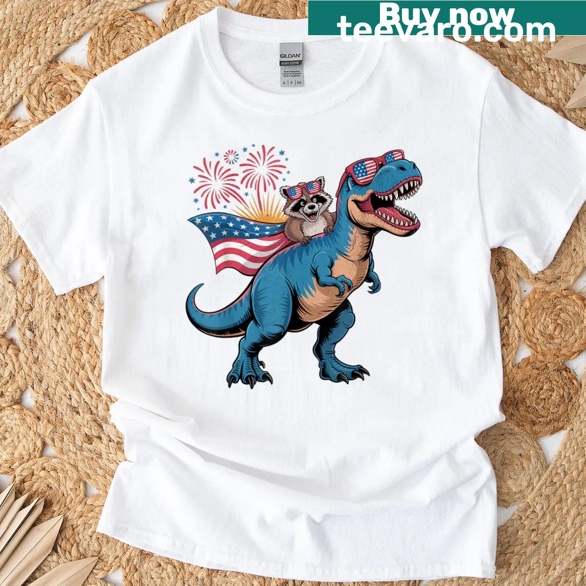 Raccoon riding a T-Rex with a US flag in a funny illustration — on a men's t-shirt