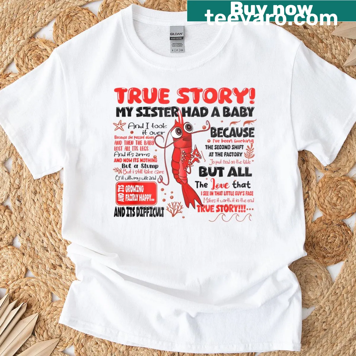 Funny T-shirt with shrimp illustration and sibling humor — on a men's t-shirt