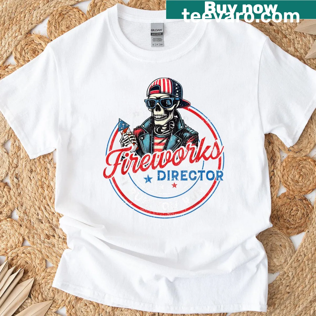 Skeleton directing fireworks in a humorous Fourth of July theme — on a men's t-shirt