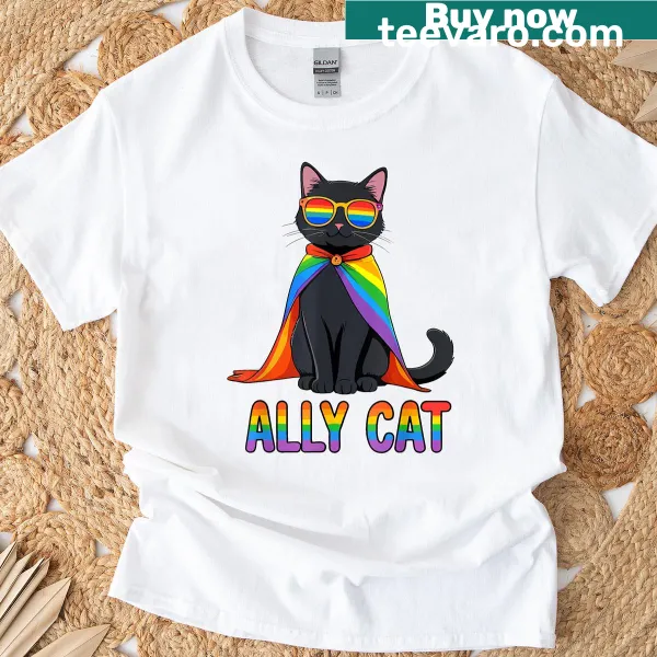 Funny LGBTQ Ally Cat t-shirt with rainbow design