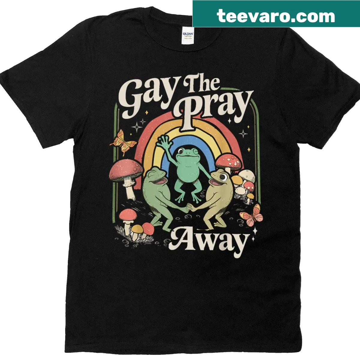 Whimsical T-shirt with rainbow frogs and 'Gay The Pray Away' text — on a men's t-shirt
