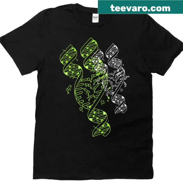 Playful t-shirt featuring genetic structures inspired by The Big Bang Theory.