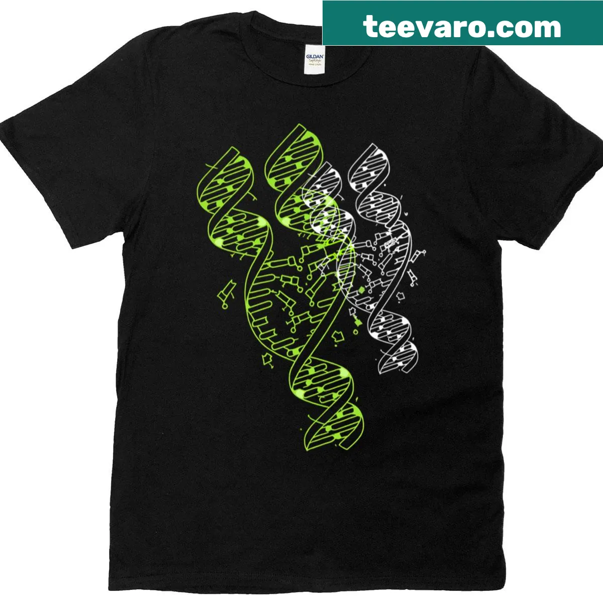 Playful t-shirt featuring genetic structures inspired by The Big Bang Theory. — on a men's t-shirt