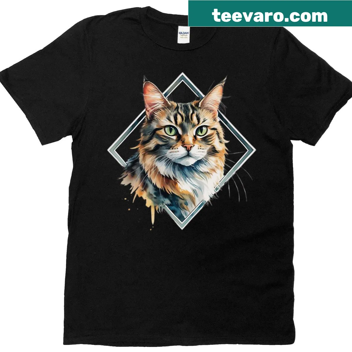 Elegant geometric watercolor cat portrait on t-shirt — on a men's t-shirt