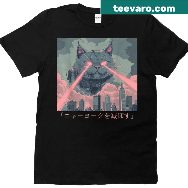 Retro anime-inspired design featuring a giant laser cat