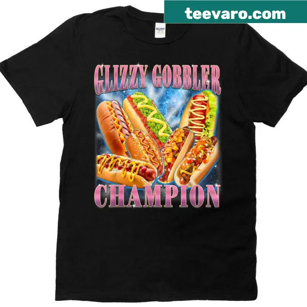 Vintage-style Glizzy Gobbler Champion tee with a humorous hot dog design