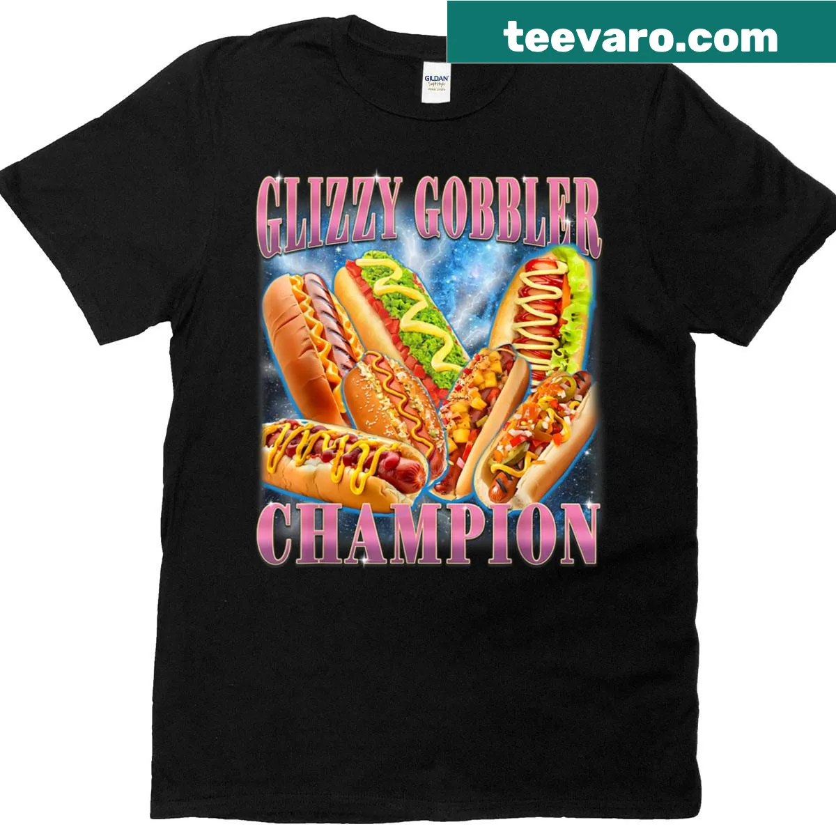 Vintage-style Glizzy Gobbler Champion tee with a humorous hot dog design — on a men's t-shirt