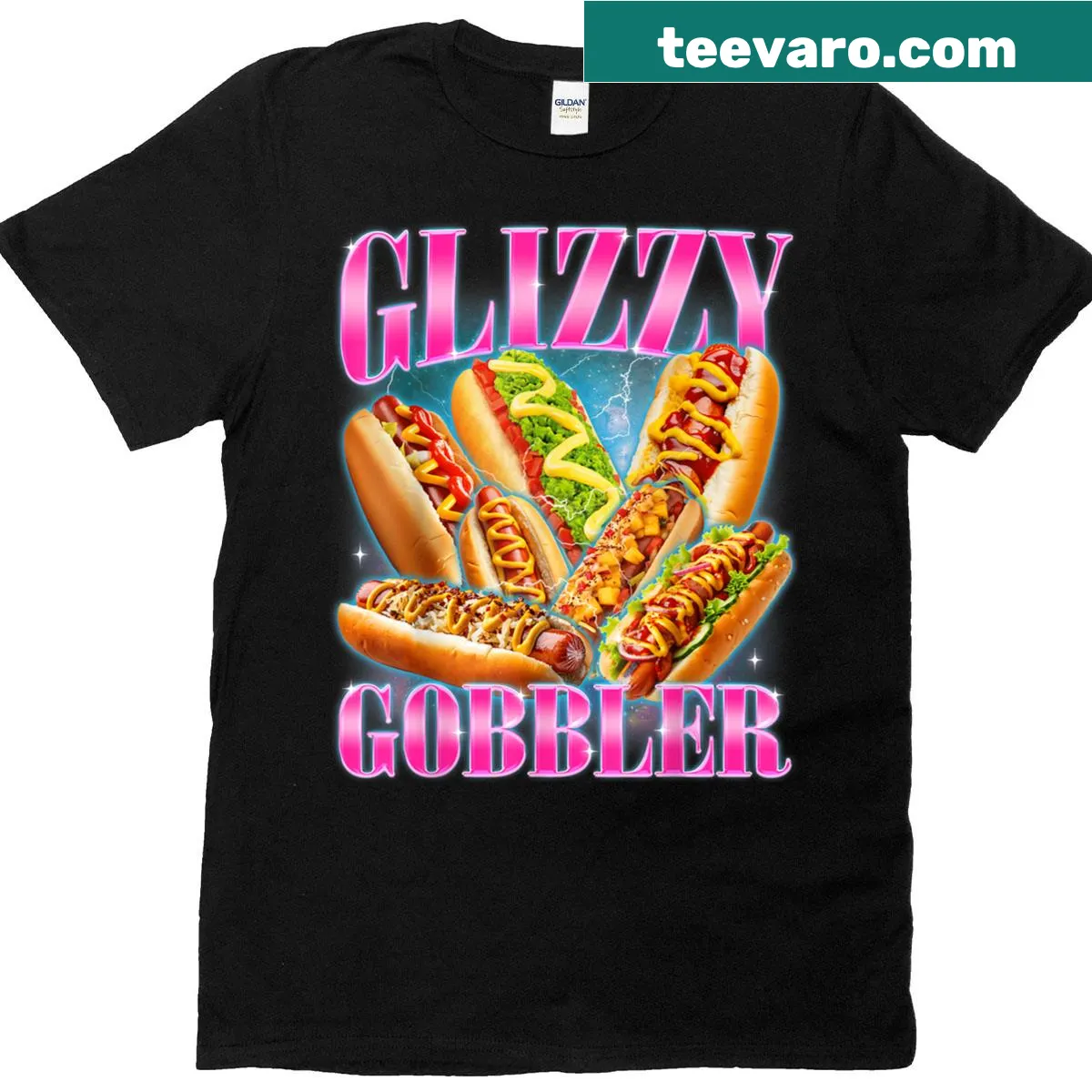 Humorous Glizzy Gobbler graphic t-shirt for hot dog enthusiasts — on a men's t-shirt