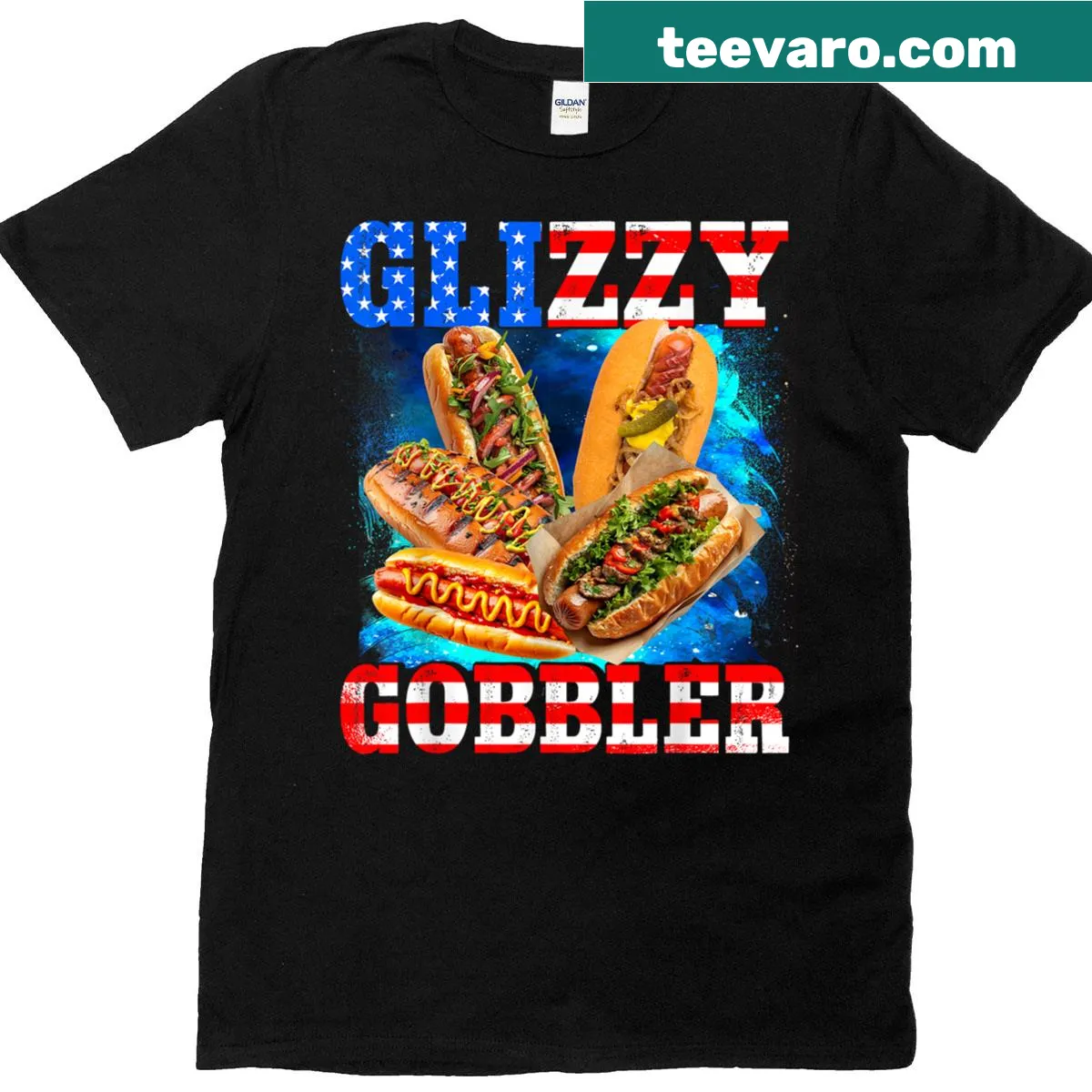 Funny hotdog character with stars and stripes for 4th of July — on a men's t-shirt