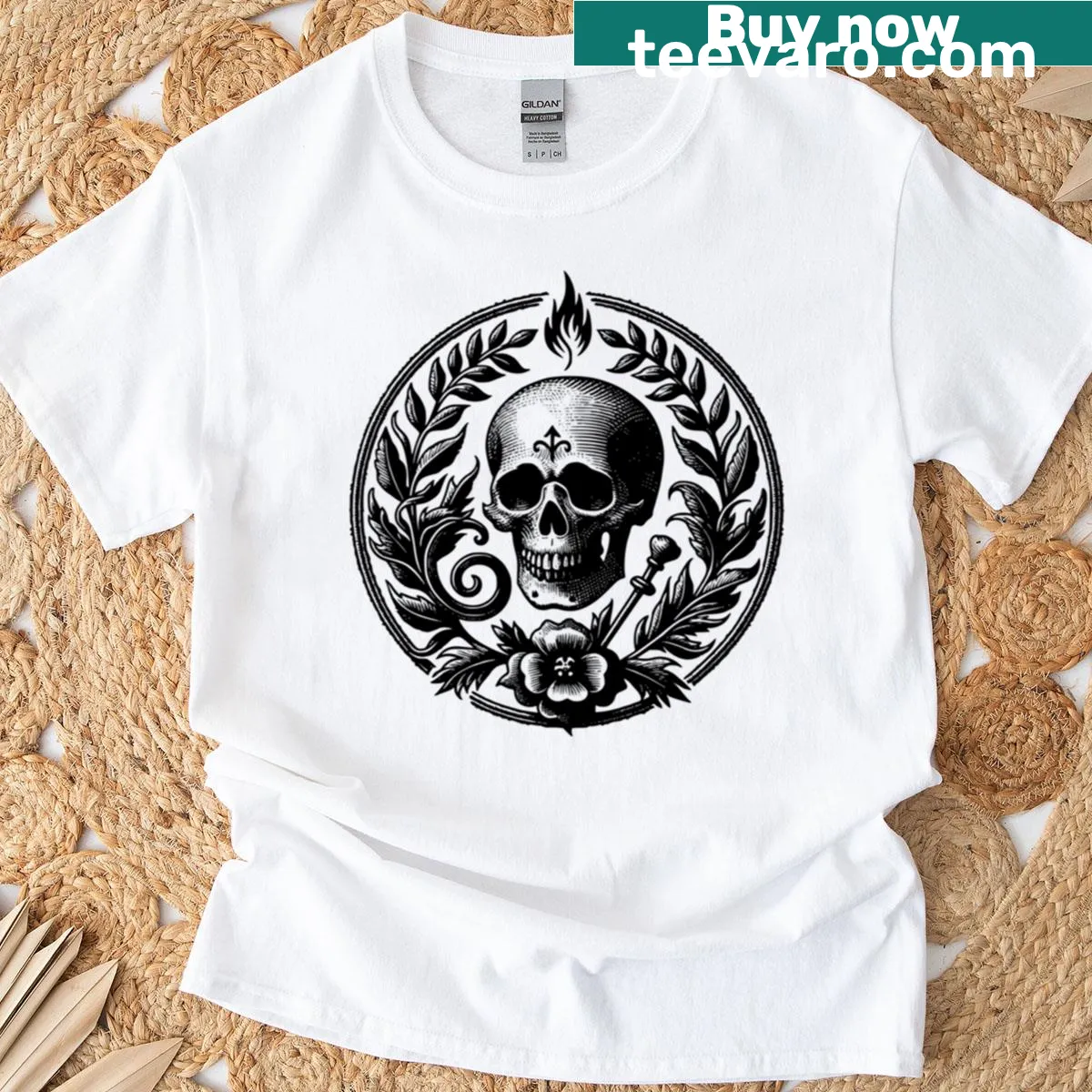 Gothic T-shirt featuring skull emblem with flames and botanicals — on a men's t-shirt