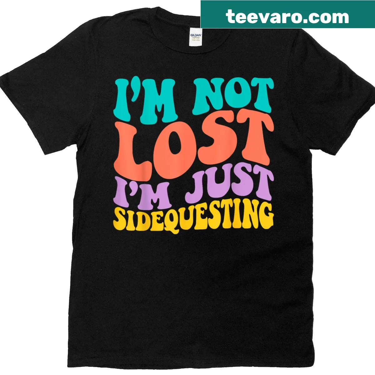 Humorous design with 'Not Lost, Just Sidequesting' text — on a men's t-shirt