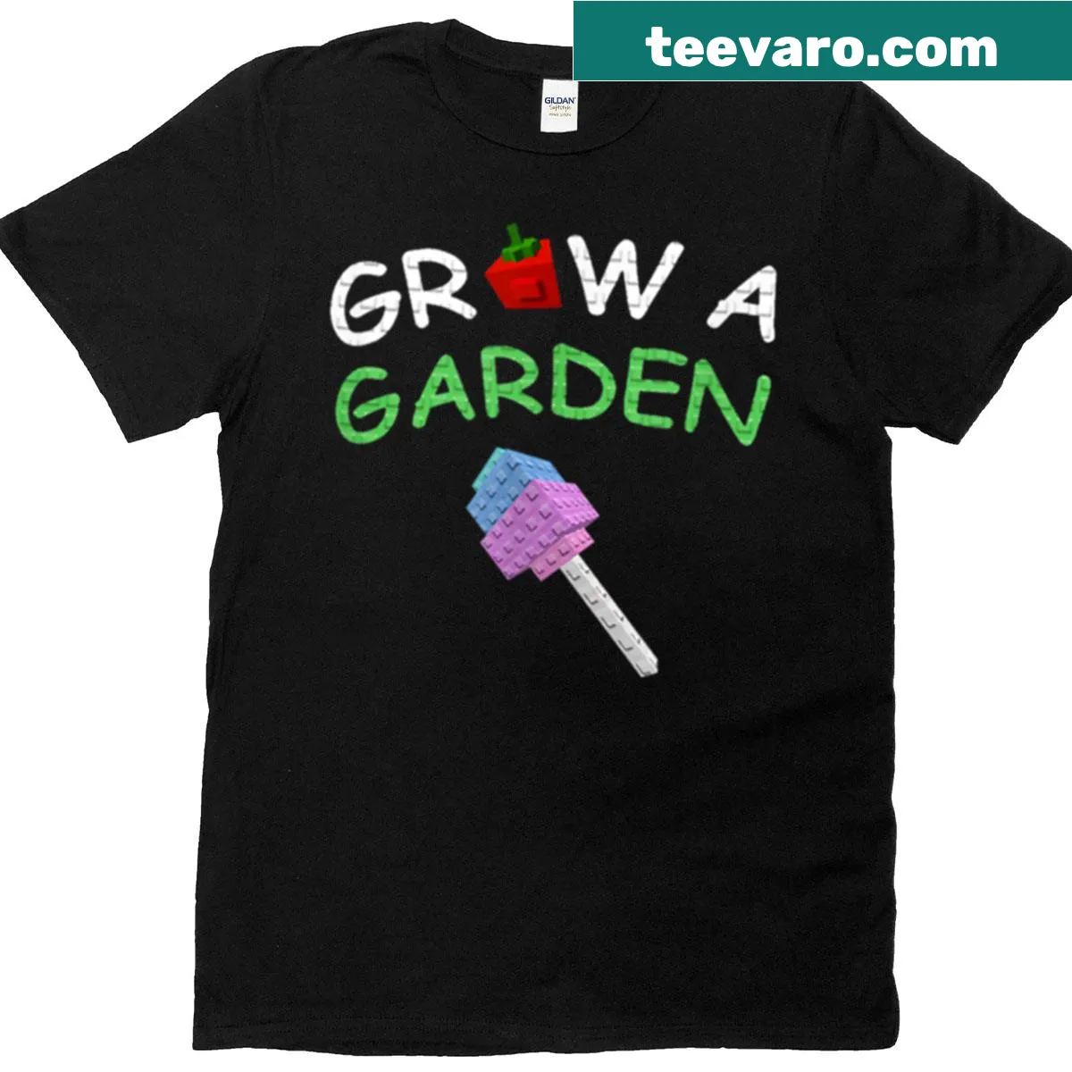 Playful graphic of candy and fruits for gamers on a gardening-themed t-shirt — on a men's t-shirt