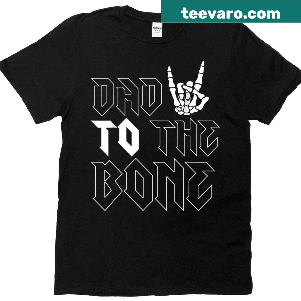 Funny skeleton graphic with 'Dad To The Bone' text for Halloween — on a men's t-shirt