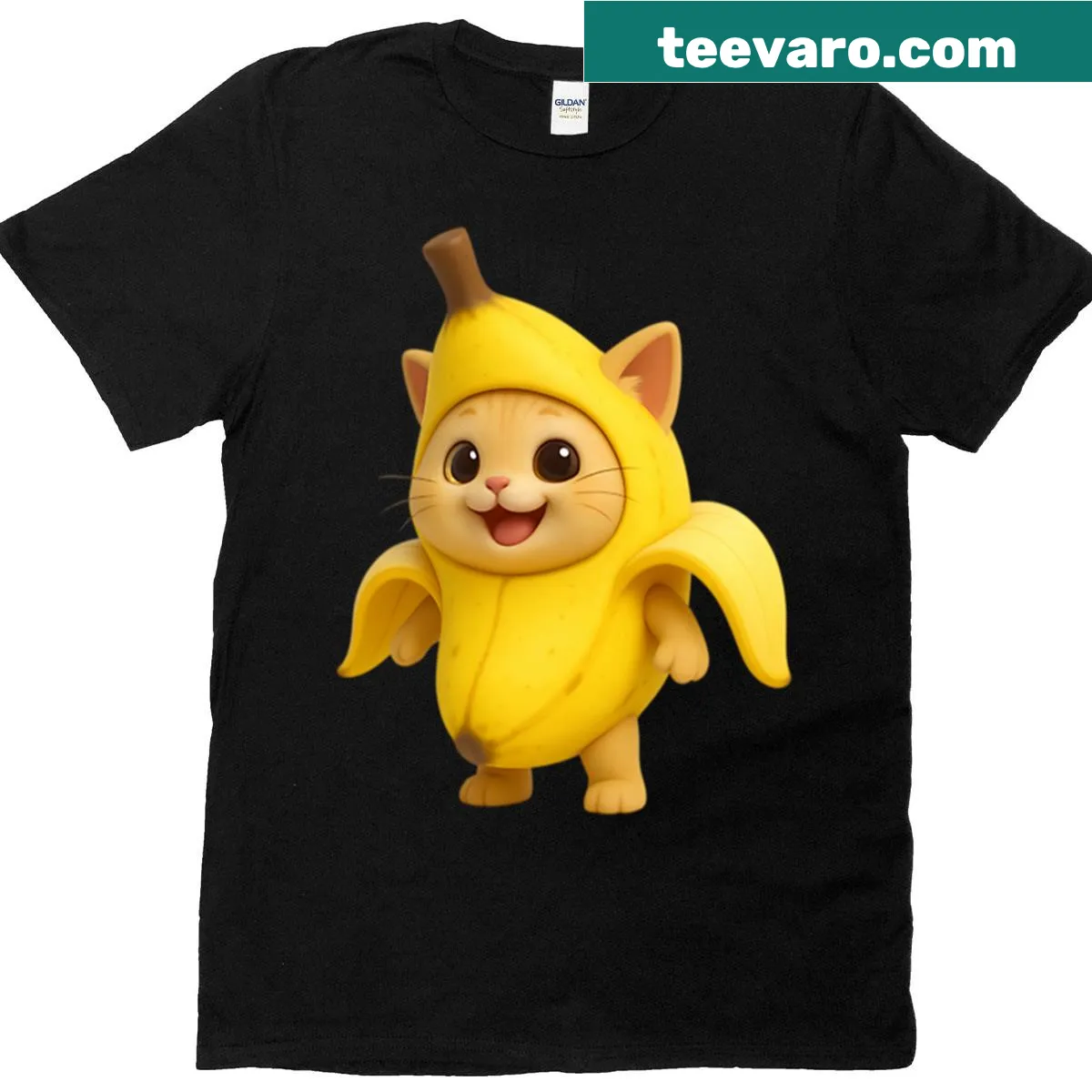 Happy meme cat t-shirt featuring a cat in a banana costume — on a men's t-shirt