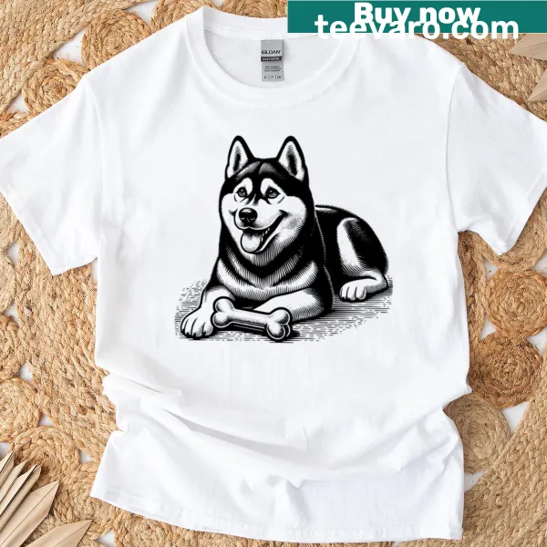 Vintage clipart of a happy Siberian Husky with a bone