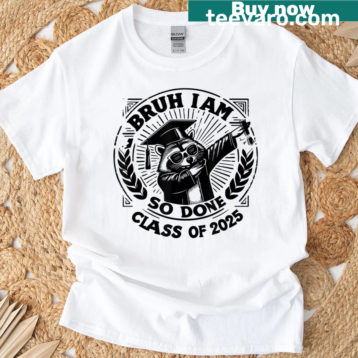 Funny cartoon raccoon graduation T-shirt for 2025 graduates. — on a men's t-shirt