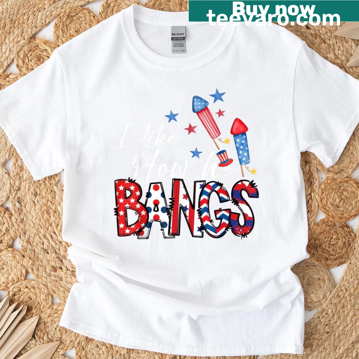 Funny couple T-shirt with 'I Like How She Explodes Fireworks' for July 4th — on a men's t-shirt