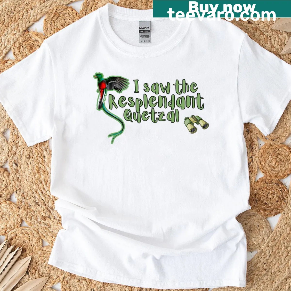 T-shirt celebrating bird watching with 'I Saw The Resplendent Quetzal' phrase — on a men's t-shirt