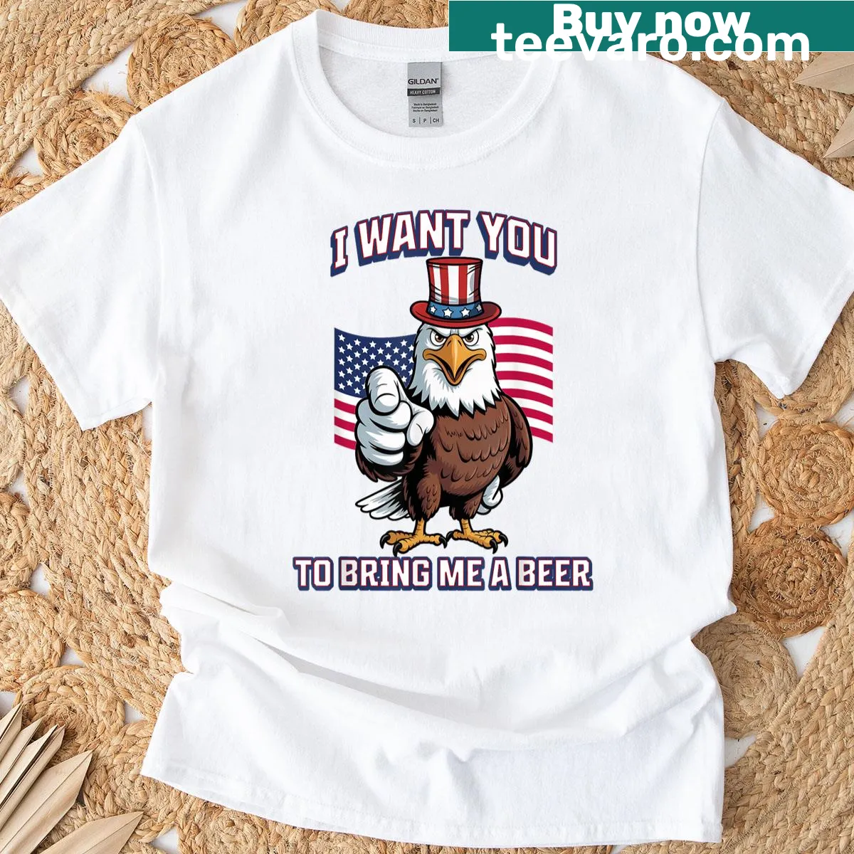 Funny 4th of July t-shirt with cartoon eagle and beer request — on a men's t-shirt