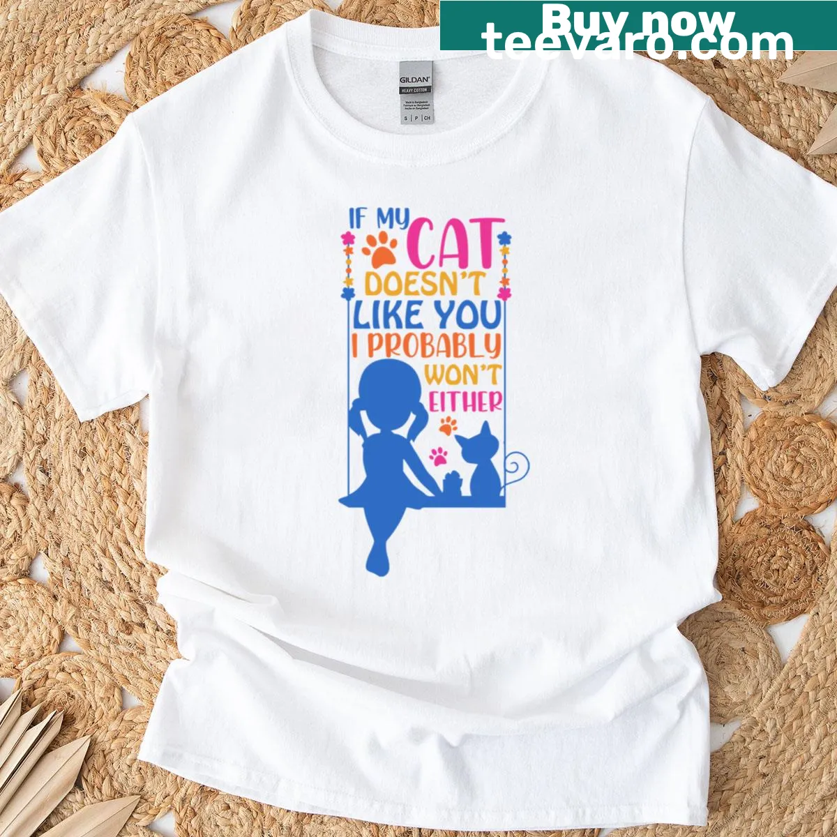 Typography t-shirt with humorous cat-themed message about preferences — on a men's t-shirt