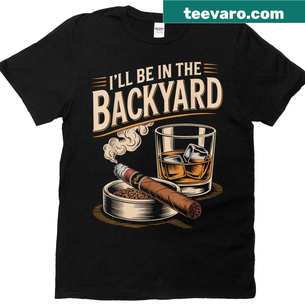 Funny cigar and bourbon lovers t-shirt with humorous saying — on a men's t-shirt