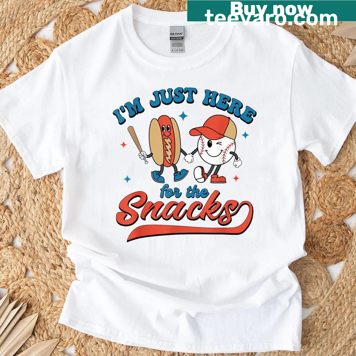 Funny 4th of July t-shirt with 'I'm Just Here For The Snacks' and cartoon hot dog — on a men's t-shirt