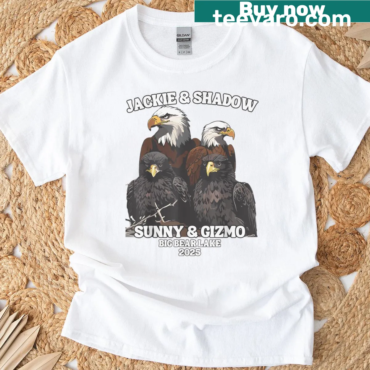 Funny eagle-themed tee featuring Jackie and Shadow from Big Bear Lake — on a men's t-shirt