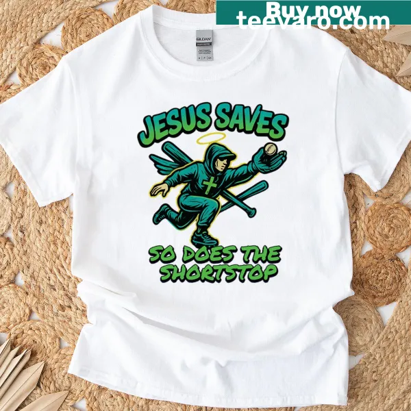 Funny t-shirt with 'Jesus Saves So Does The Shortstop' graphic
