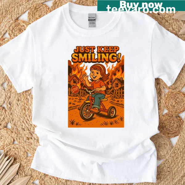 Vintage distressed T-shirt with a tricycle and 'Just Keep Smiling' text.