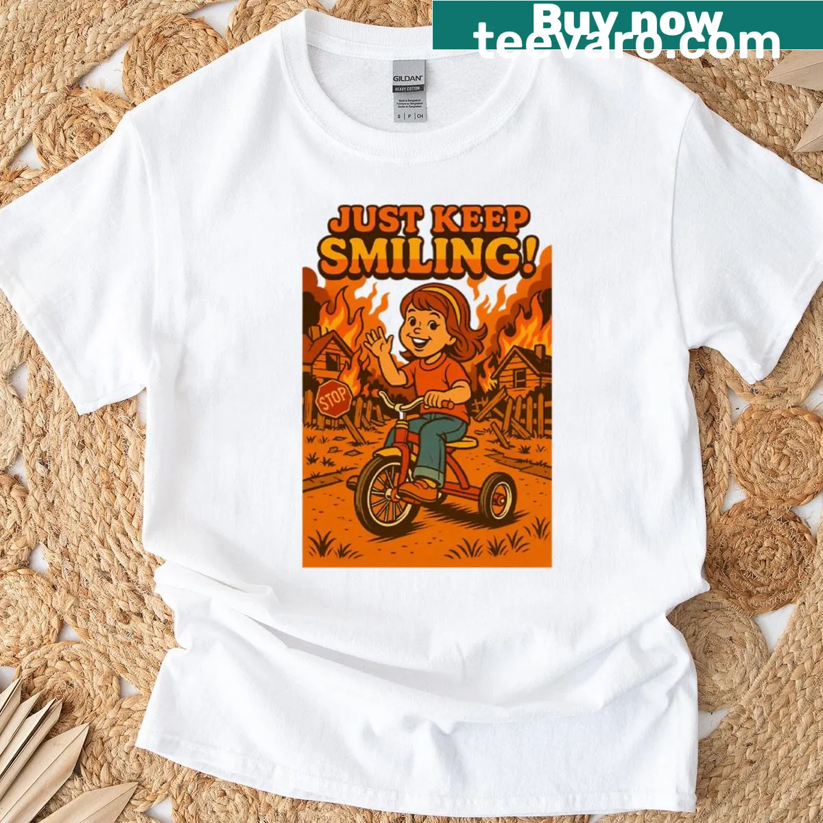 Vintage distressed T-shirt with a tricycle and 'Just Keep Smiling' text. — on a men's t-shirt