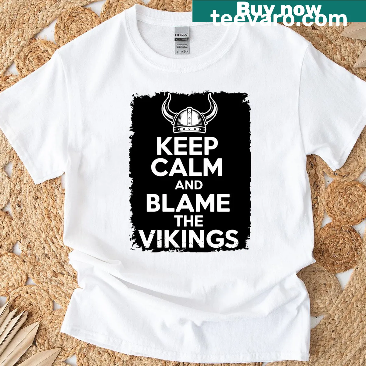 Humorous oversized t-shirt with 'Keep Calm And Blame The Vikings' text — on a men's t-shirt