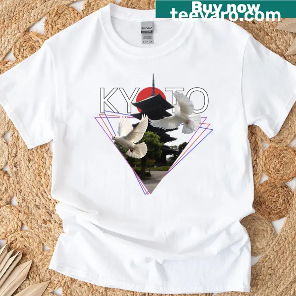 Illustrated t-shirt featuring Kyoto cityscape with doves