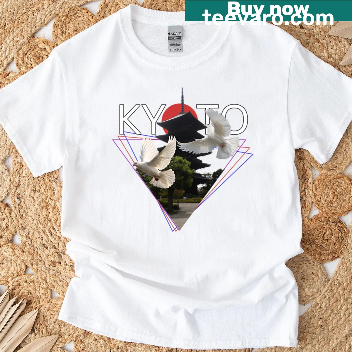 Illustrated t-shirt featuring Kyoto cityscape with doves — on a men's t-shirt