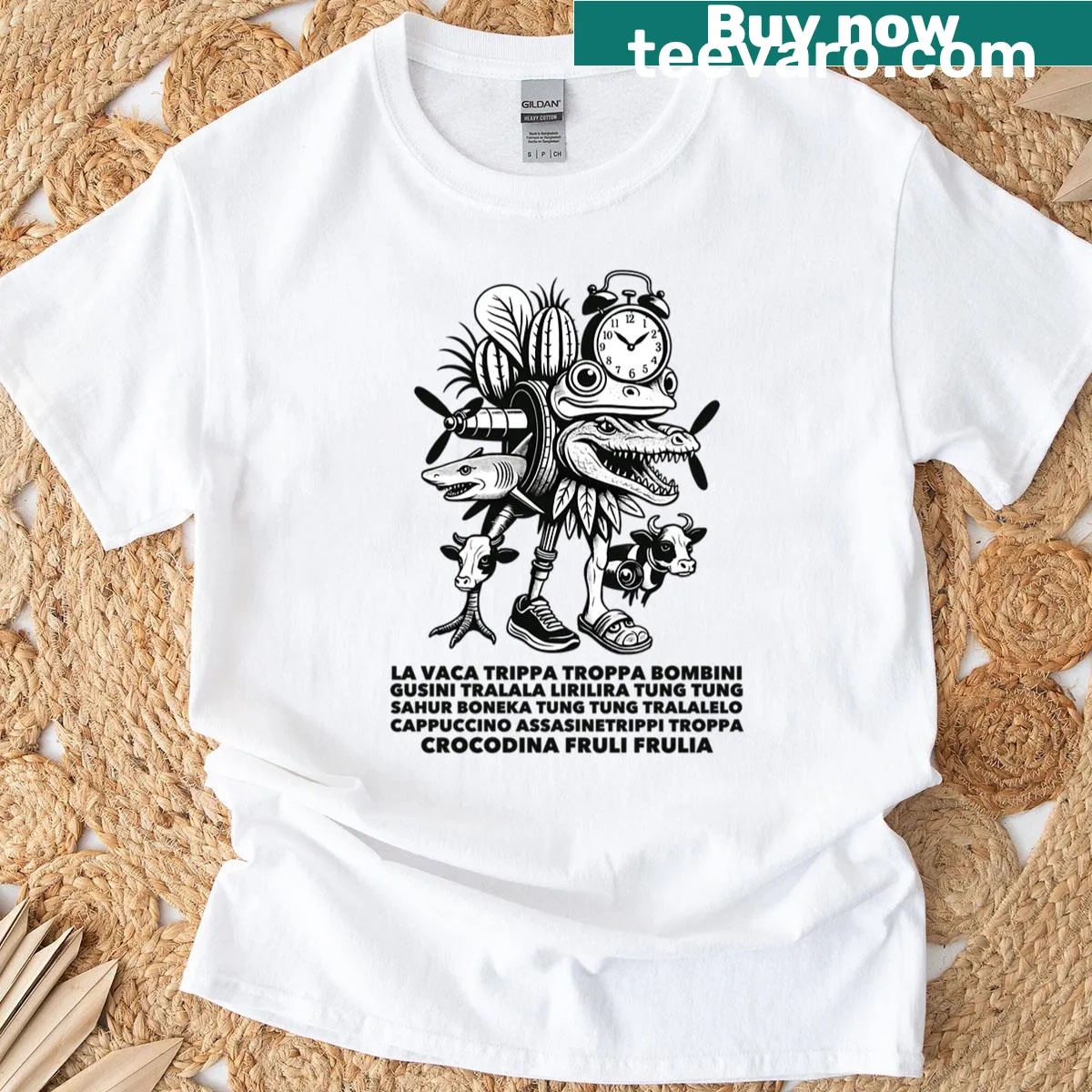 Playful t-shirt with 'La Vaca Trippa Troppa Brainrot' graphic — on a men's t-shirt