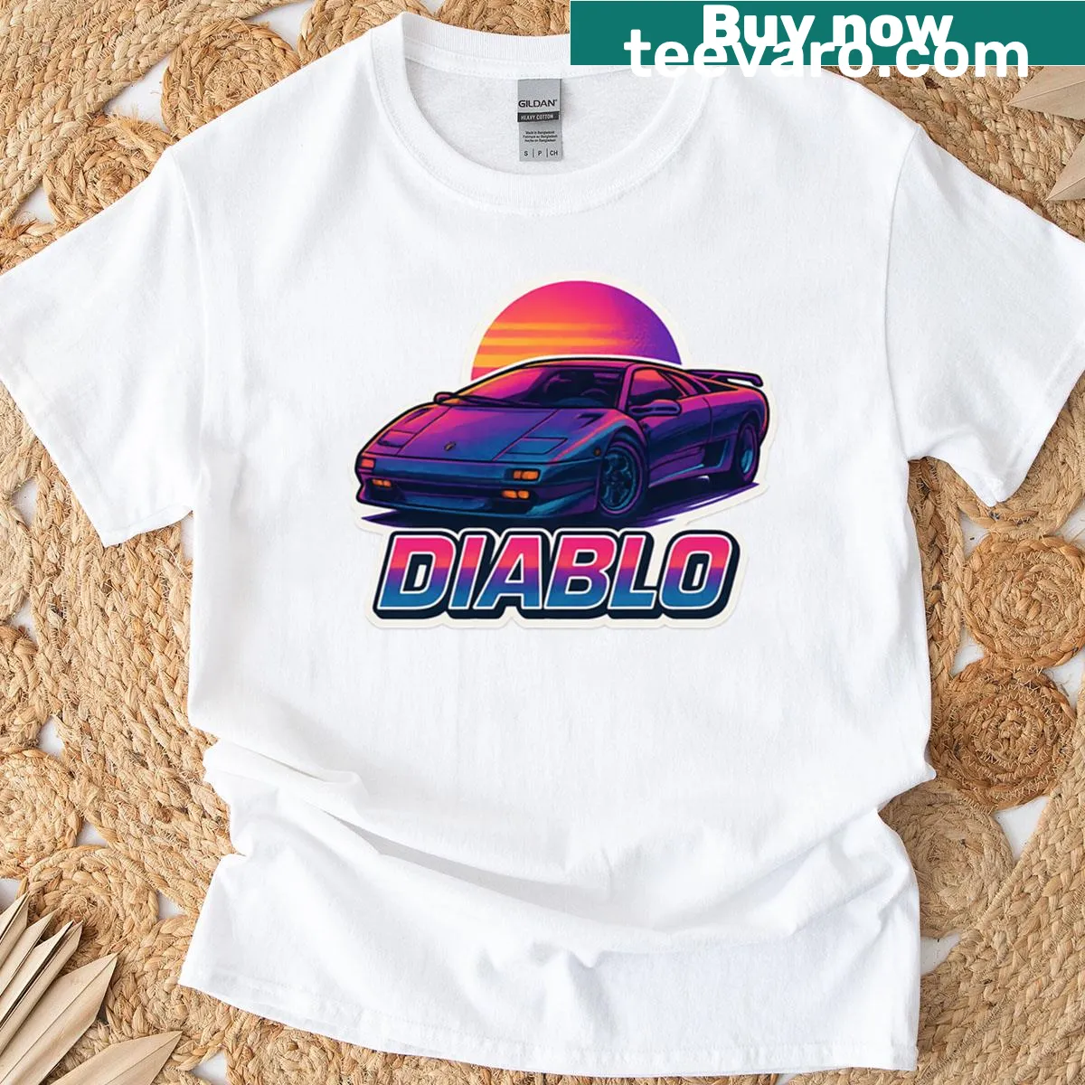 Lamborghini Diablo t-shirt with retro vaporwave art design — on a men's t-shirt