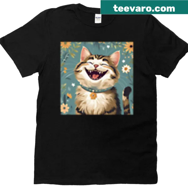 Cute T-shirt featuring a laughing cat surrounded by flowers