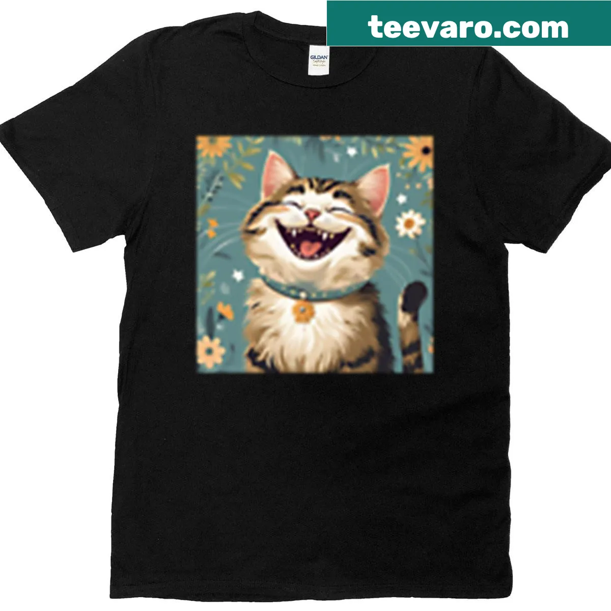 Cute T-shirt featuring a laughing cat surrounded by flowers — on a men's t-shirt