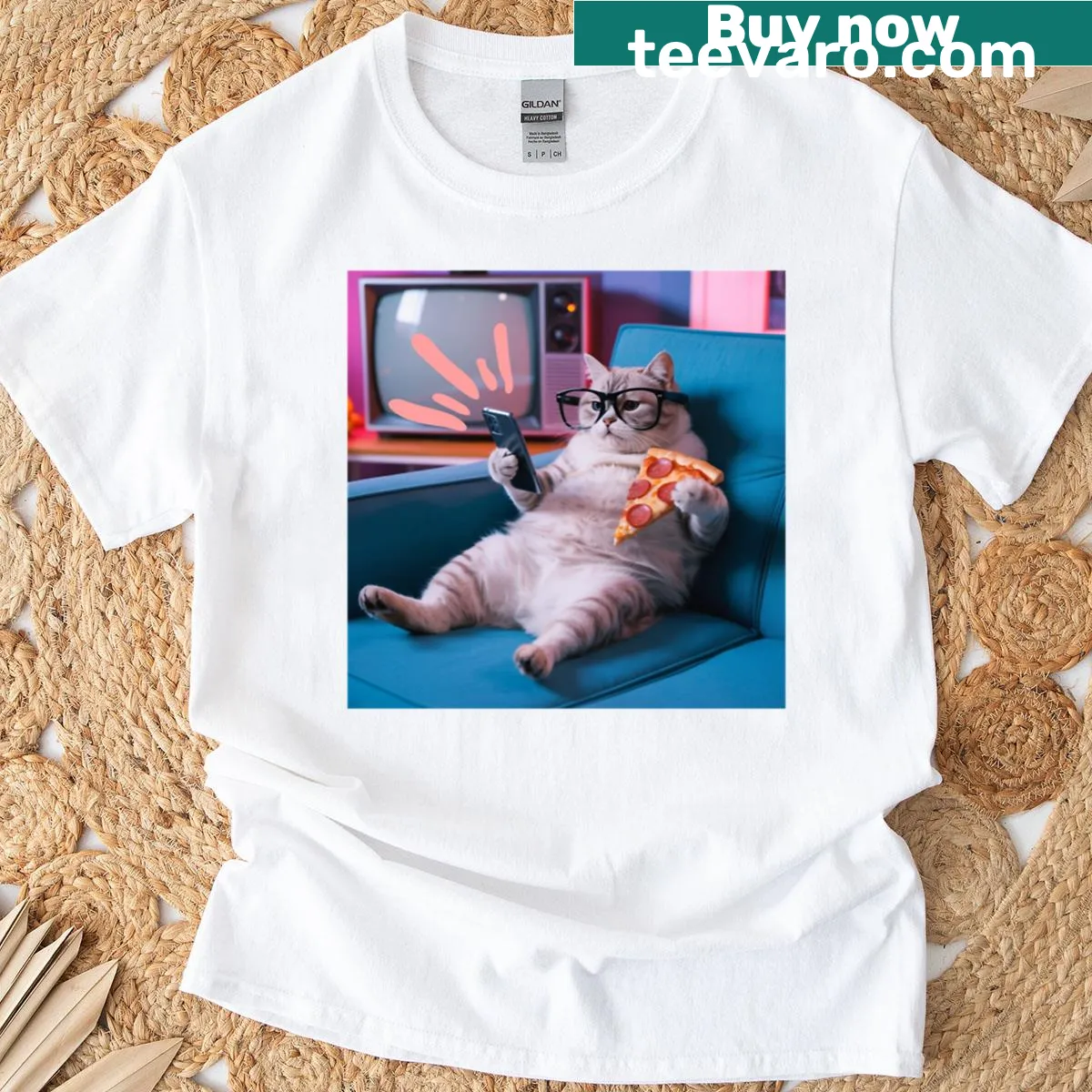 Cute cat t-shirt featuring a lazy cat holding pizza and looking at a phone. — on a men's t-shirt