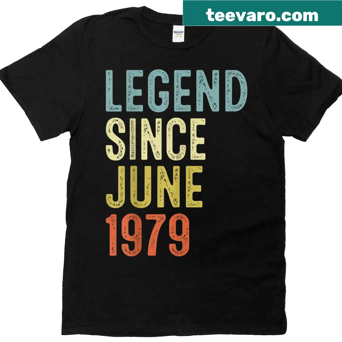 T-shirt with text Legend Since June 1979 for 46th birthday — on a men's t-shirt